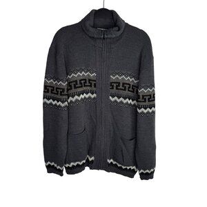 Vintage London Fog Men's XL Grey Geometric Fair Isle Zip-Up Sweater with Pockets